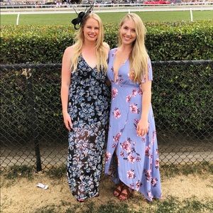 Long periwinkle dress with pink flowers